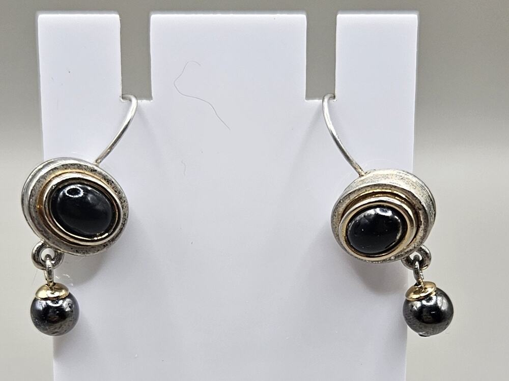 Black Onyx Silver LIZ CLAIBORNE Dangle Earrings Vtg Signed LC Classic Oval